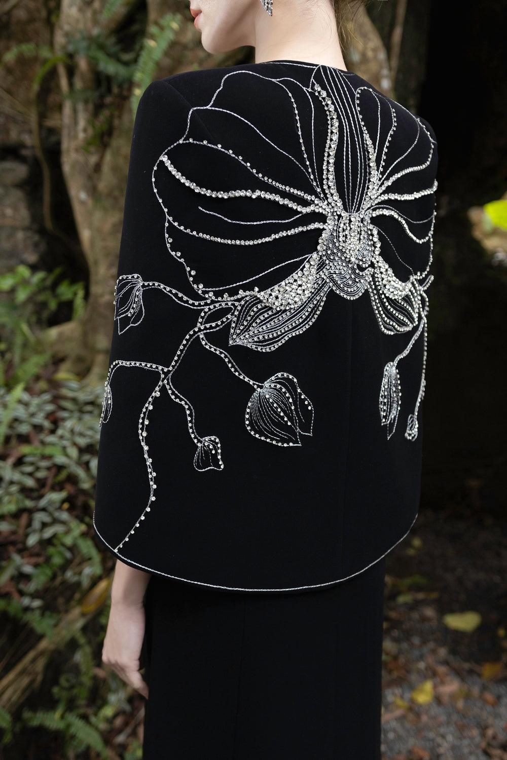 Orchid Crystal Embellished Cape With V-Neck Orchid Crystal Dress Set