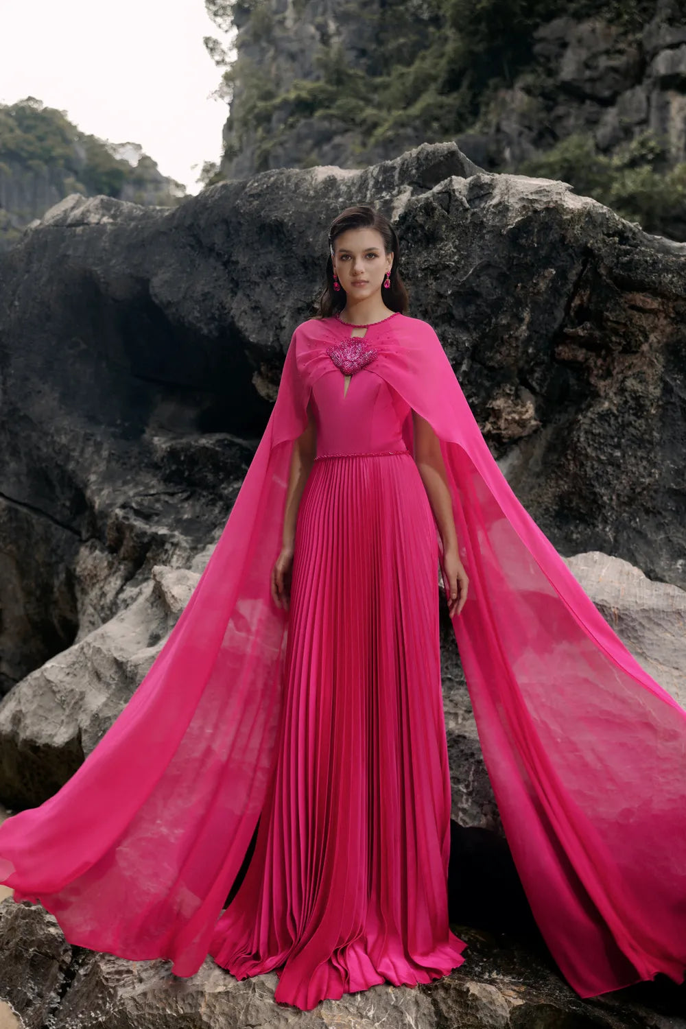 Long Sleeves Cape Pleated Dress