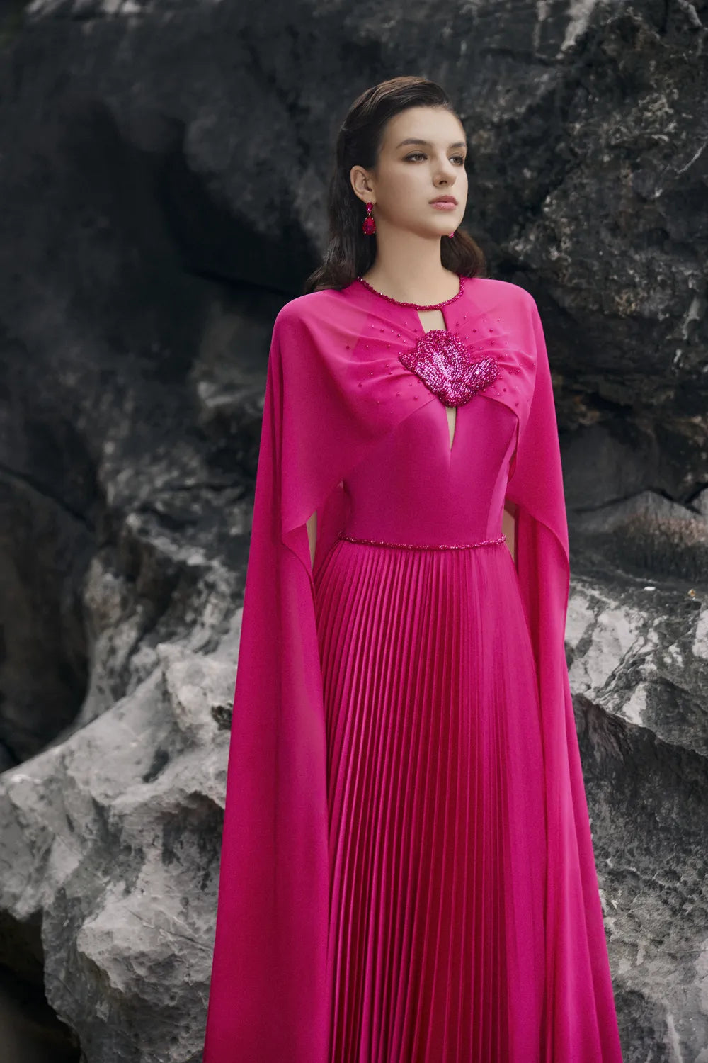 Long Sleeves Cape Pleated Dress