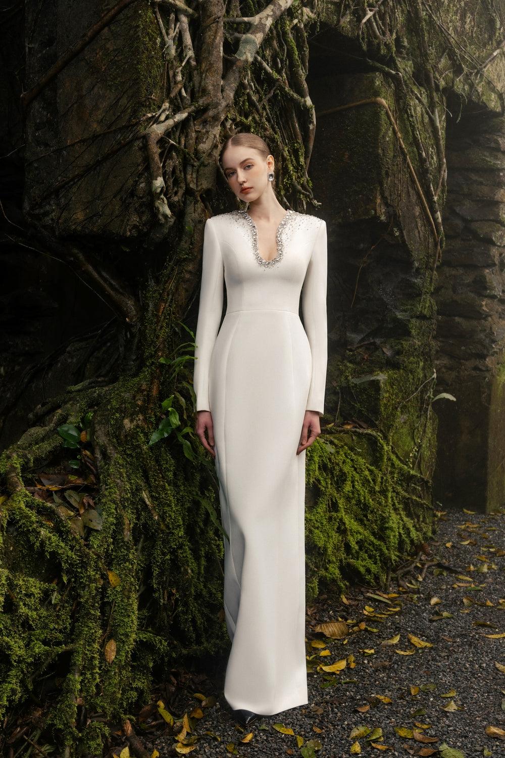 Crystal-Embellished Curved Neck Dress