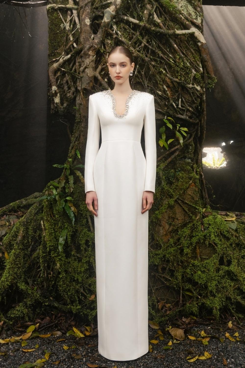 Crystal-Embellished Curved Neck Dress