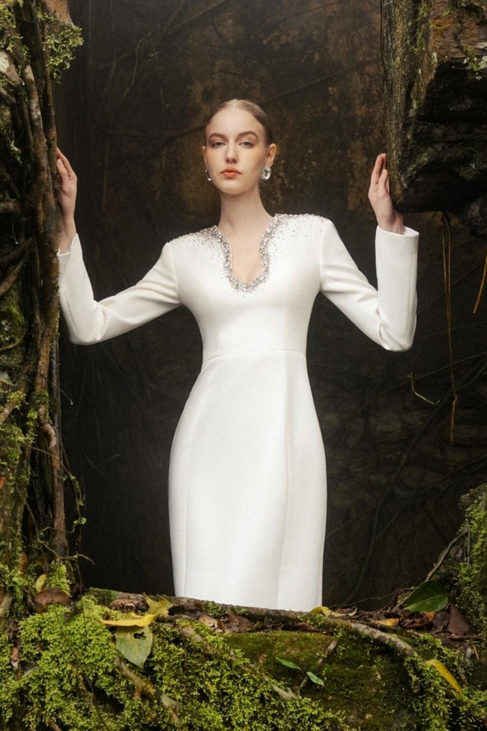 Crystal-Embellished Curved Neck Dress