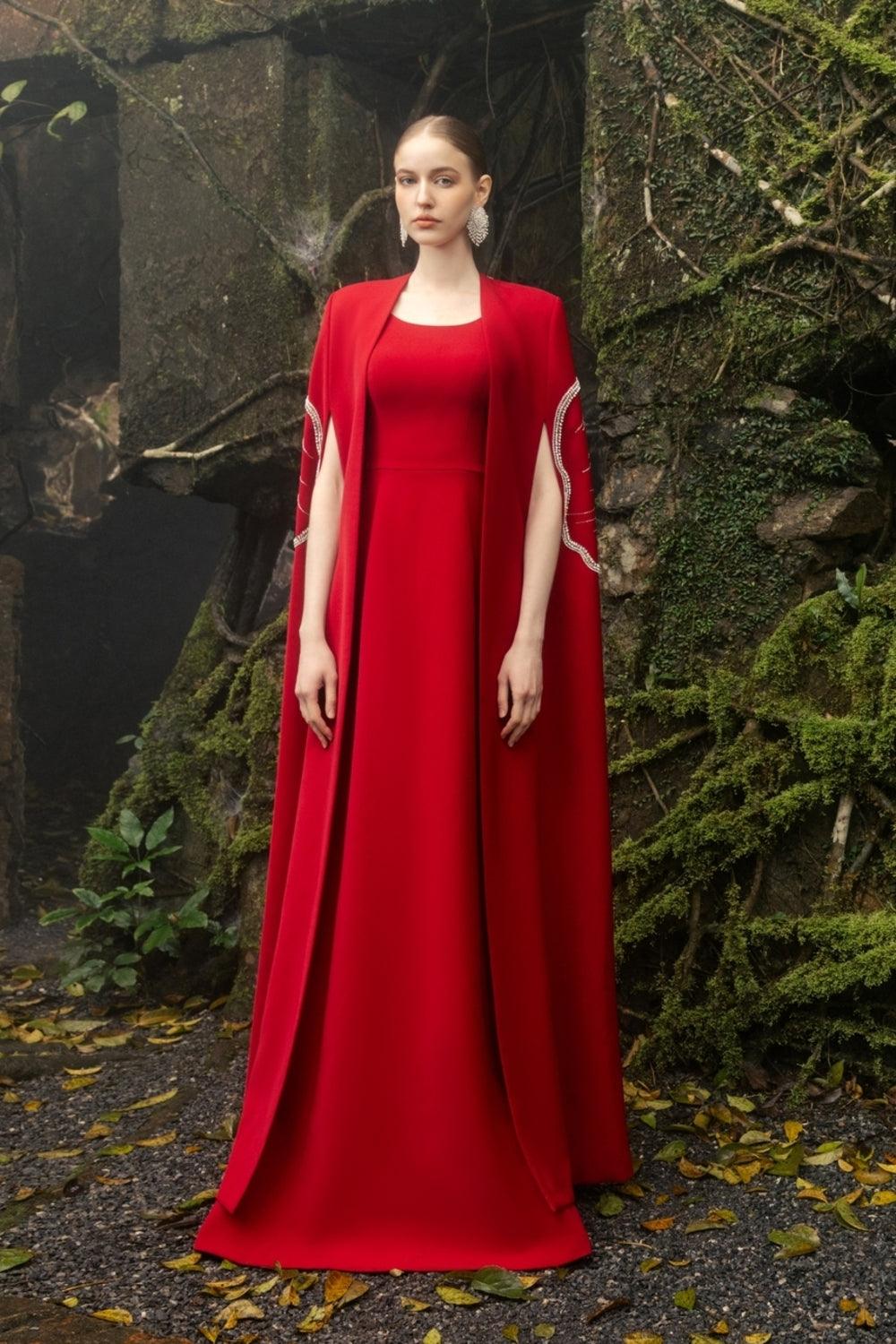 Sleeveless Round Neck Dress With Back Floral Crystal Embellished Long Cape Set