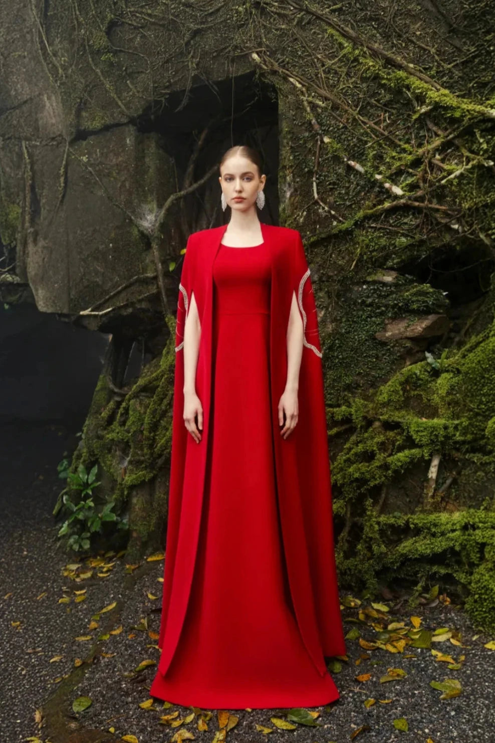 Sleeveless Round Neck Dress With Back Floral Crystal Embellished Long Cape Set