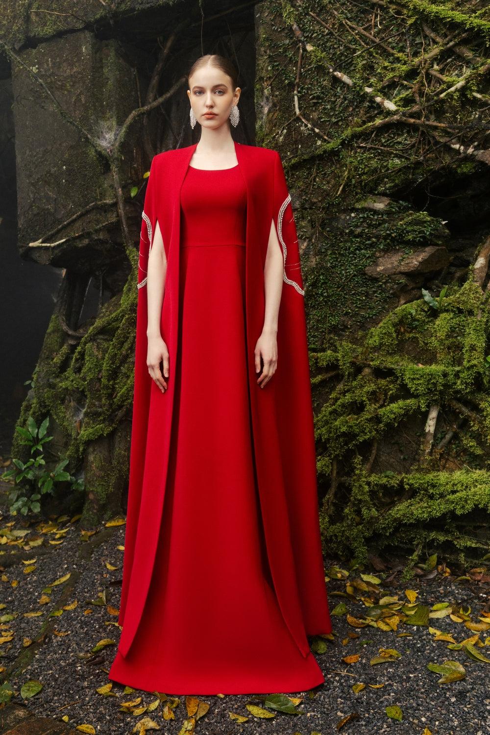 Sleeveless Round Neck Dress With Back Floral Crystal Embellished Long Cape Set