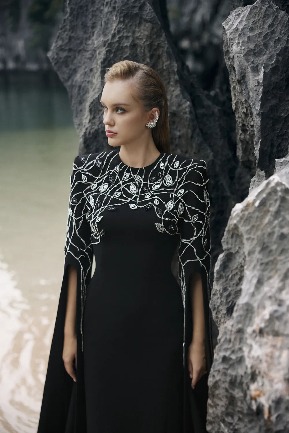 Crystal Embellished Sleeves Slit Long Cape