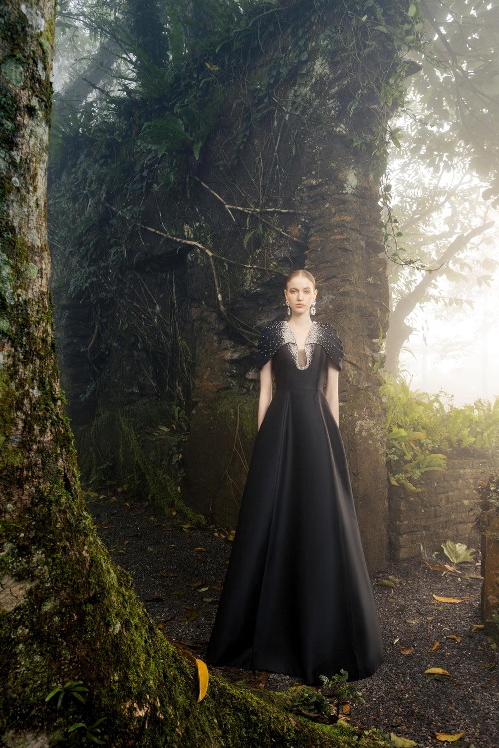 Gathered Cape Shoulder A-Line Dress