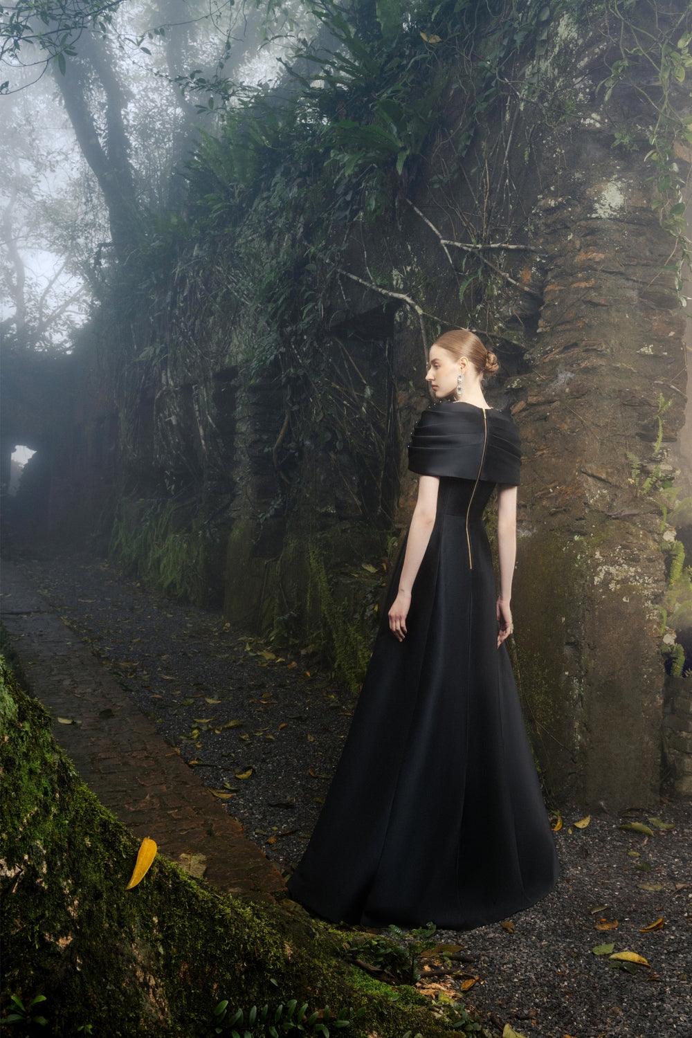 Gathered Cape Shoulder A-Line Dress