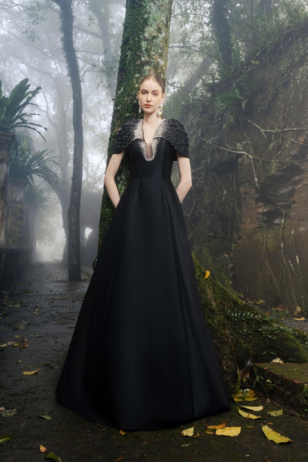 Gathered Cape Shoulder A-Line Dress