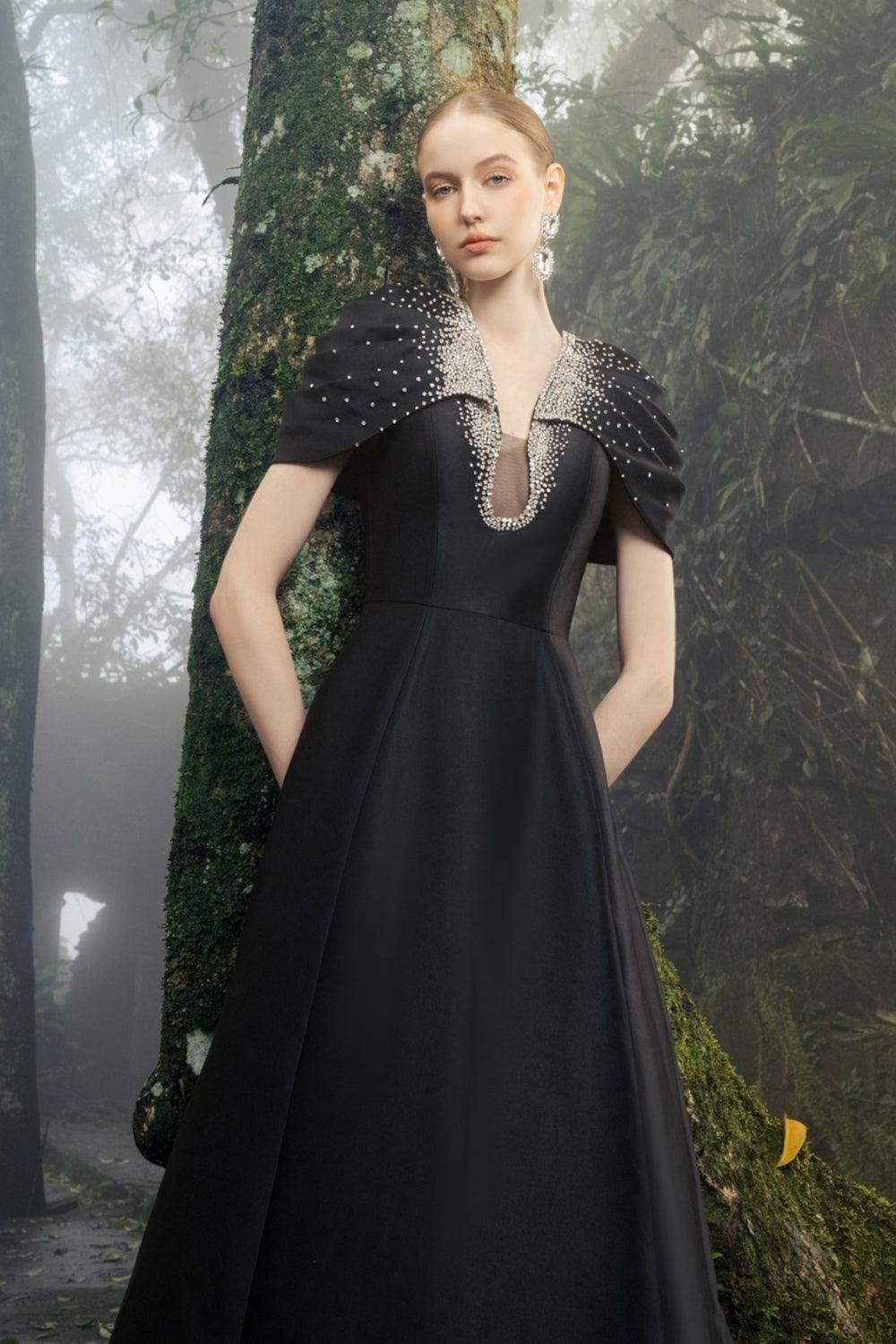 Gathered Cape Shoulder A-Line Dress