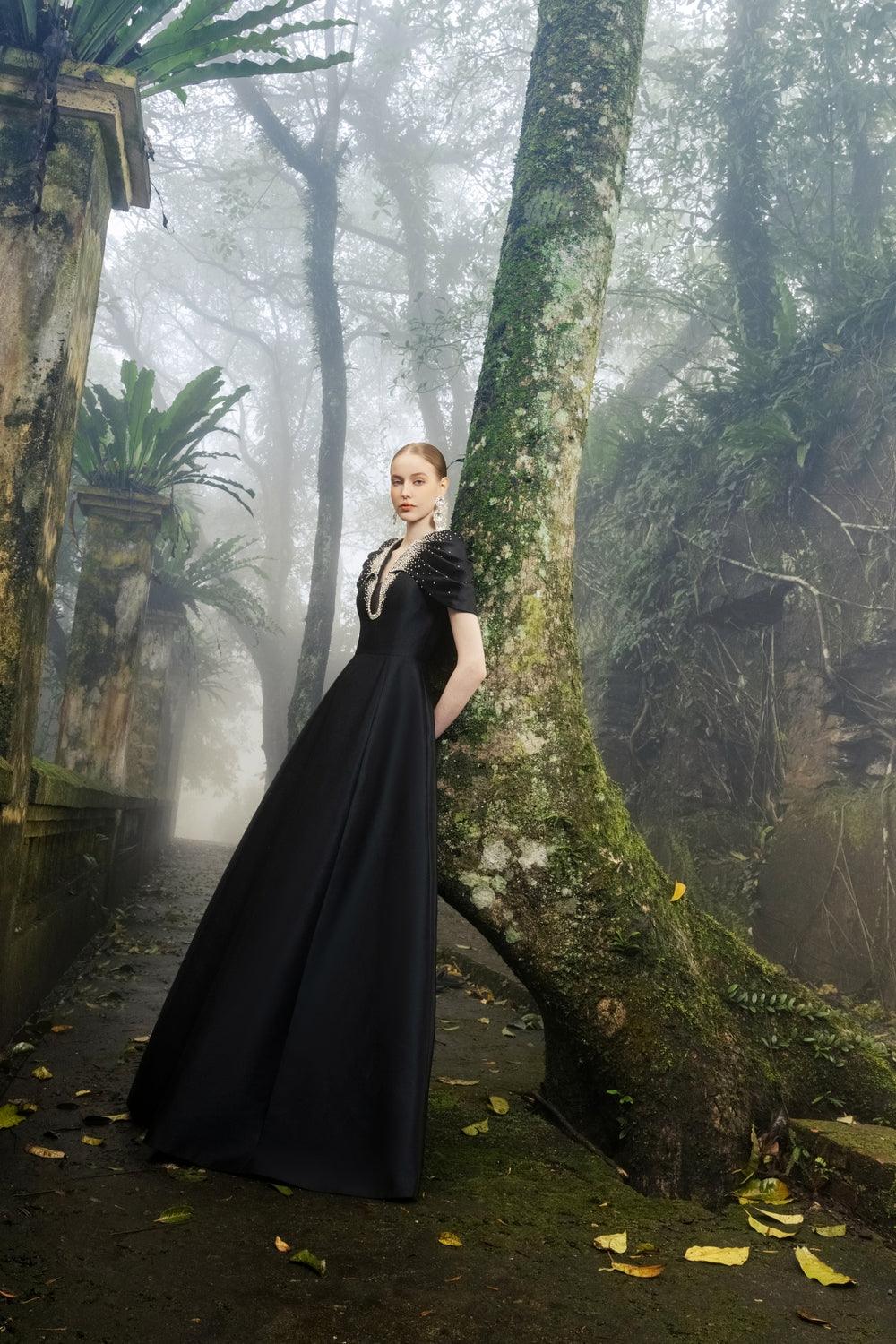 Gathered Cape Shoulder A-Line Dress