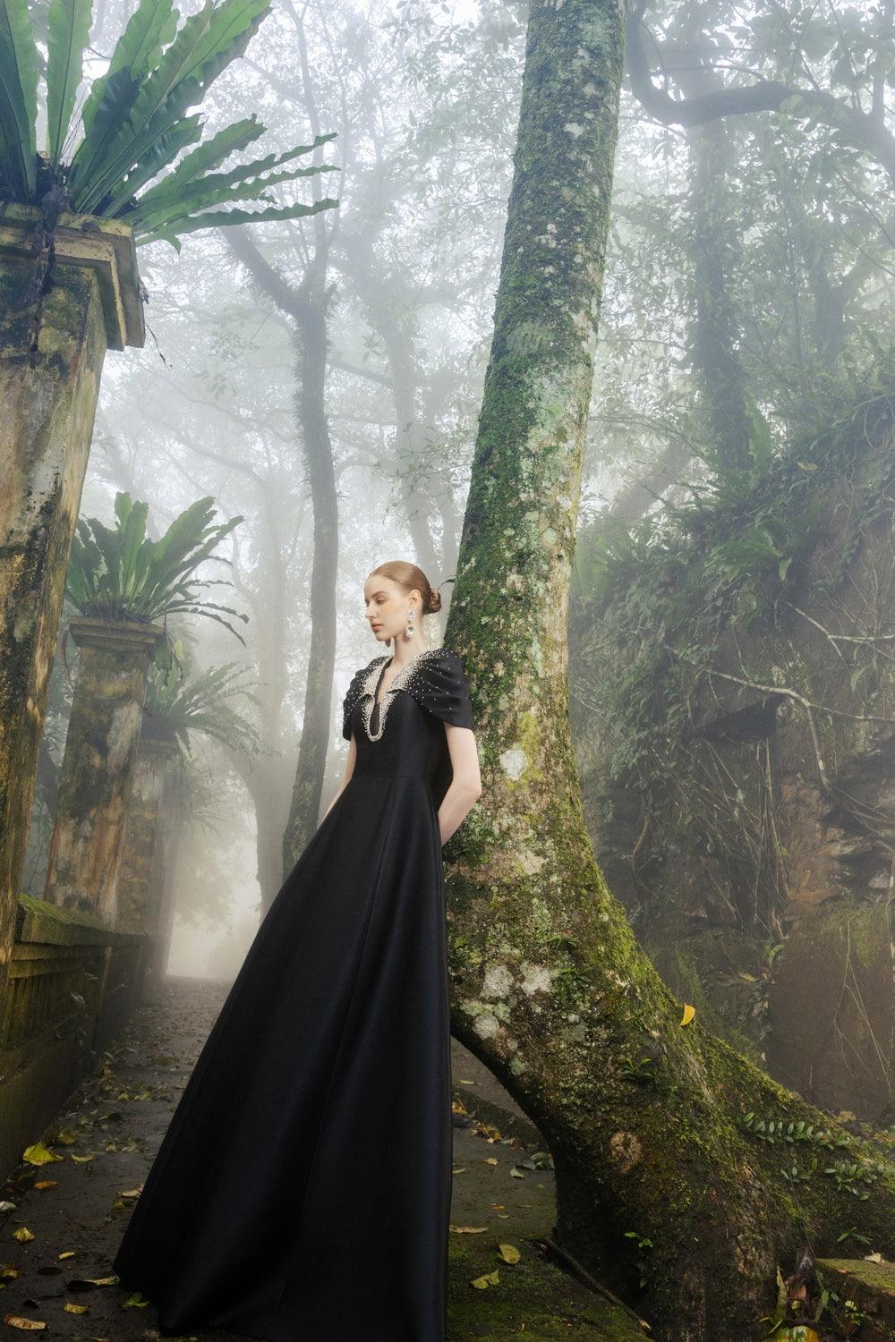 Gathered Cape Shoulder A-Line Dress