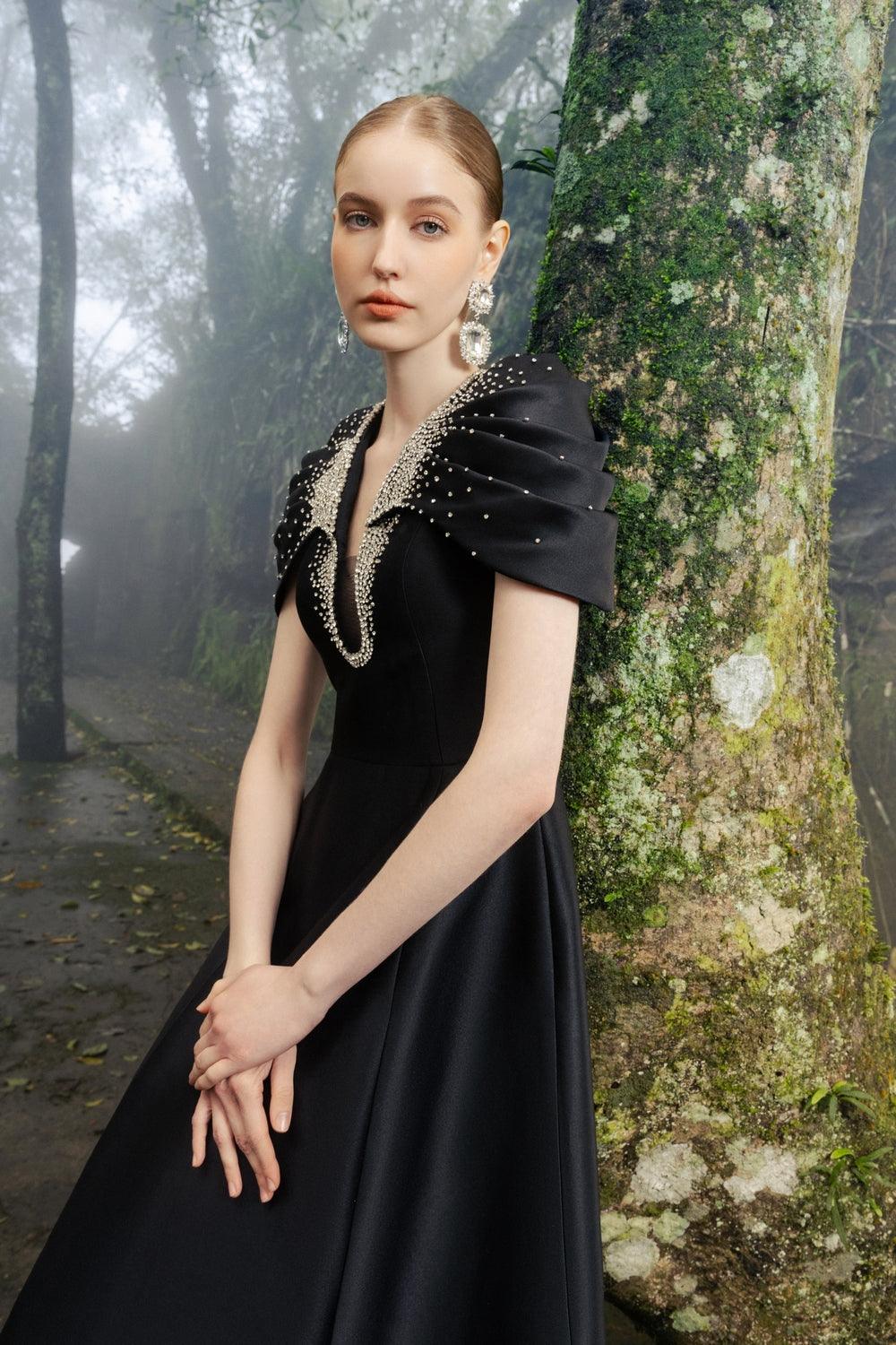 Gathered Cape Shoulder A-Line Dress