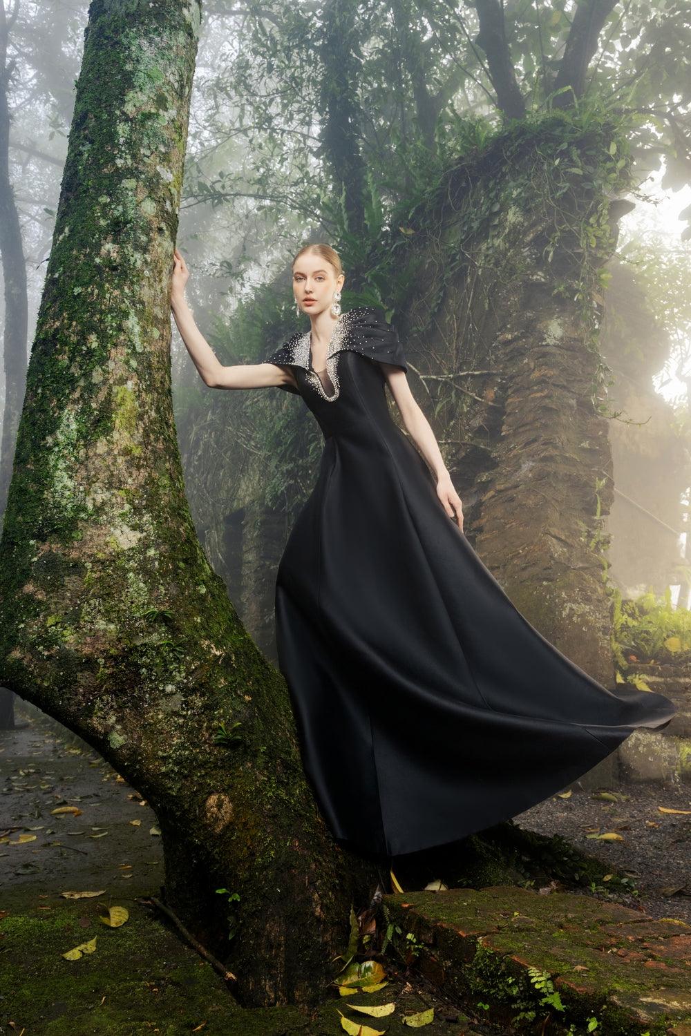 Gathered Cape Shoulder A-Line Dress