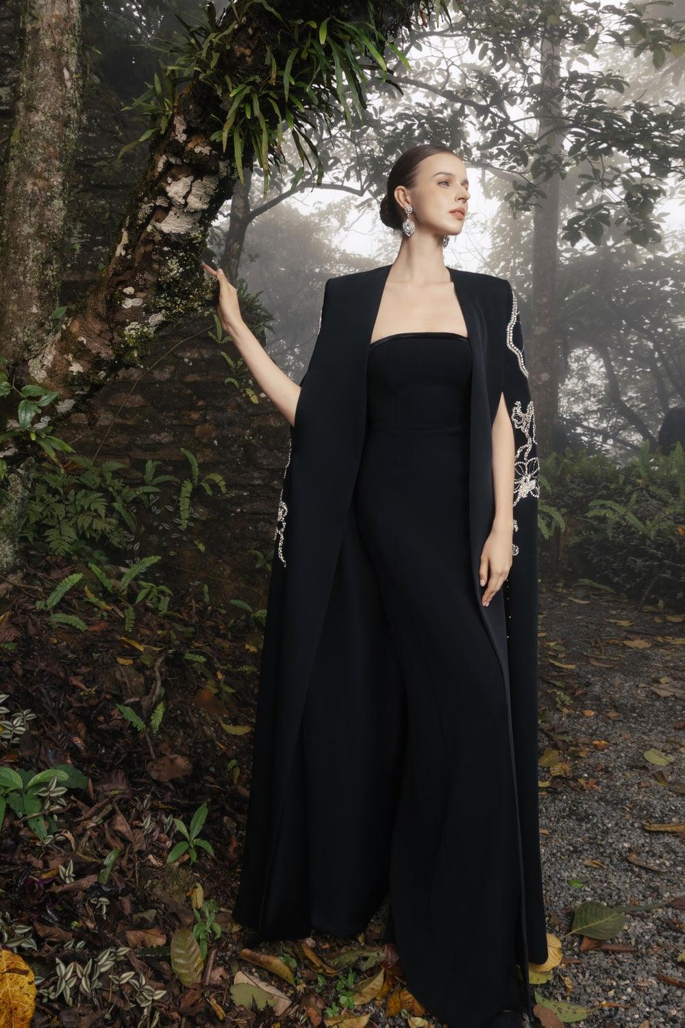 Stylized Sleeve Slit Long Cape with Straight Strapless Basic Dress Set XXL / Black Stylized Sleeve Slit Long Cape with Straight Strapless Basic Dress Set XXL / Black