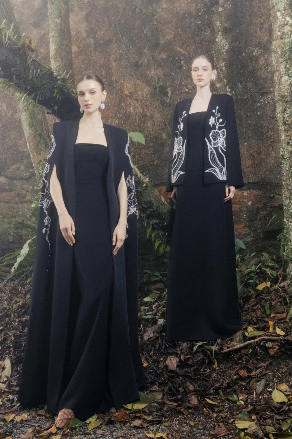 Stylized Sleeve Slit Long Cape With Straight Strapless Basic Dress Set