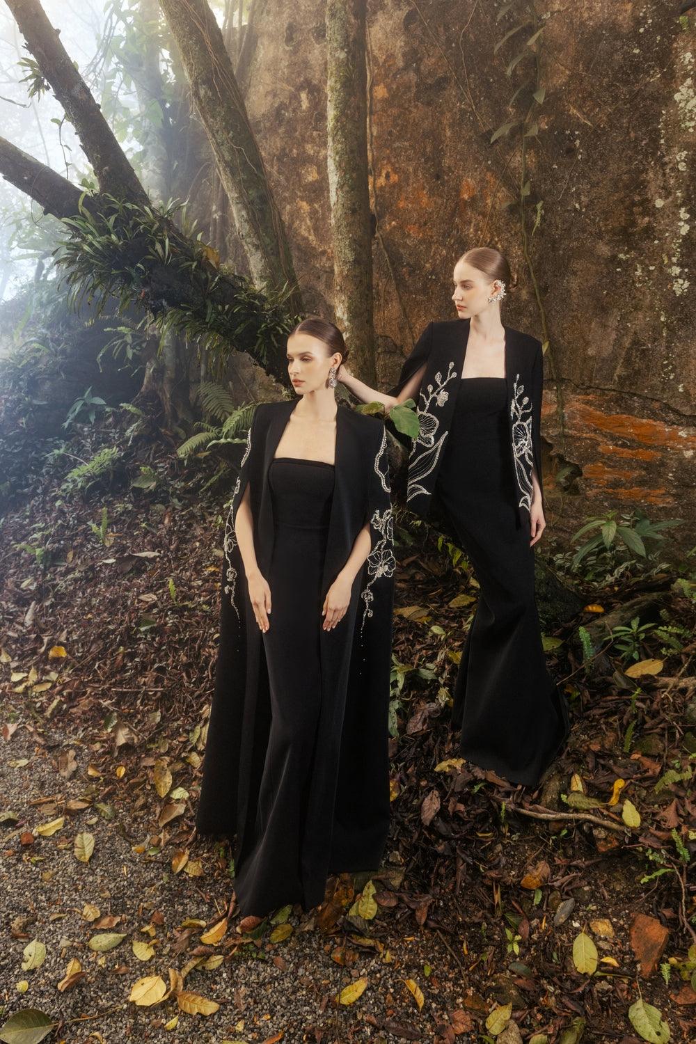 Stylized Sleeve Slit Long Cape With Straight Strapless Basic Dress Set