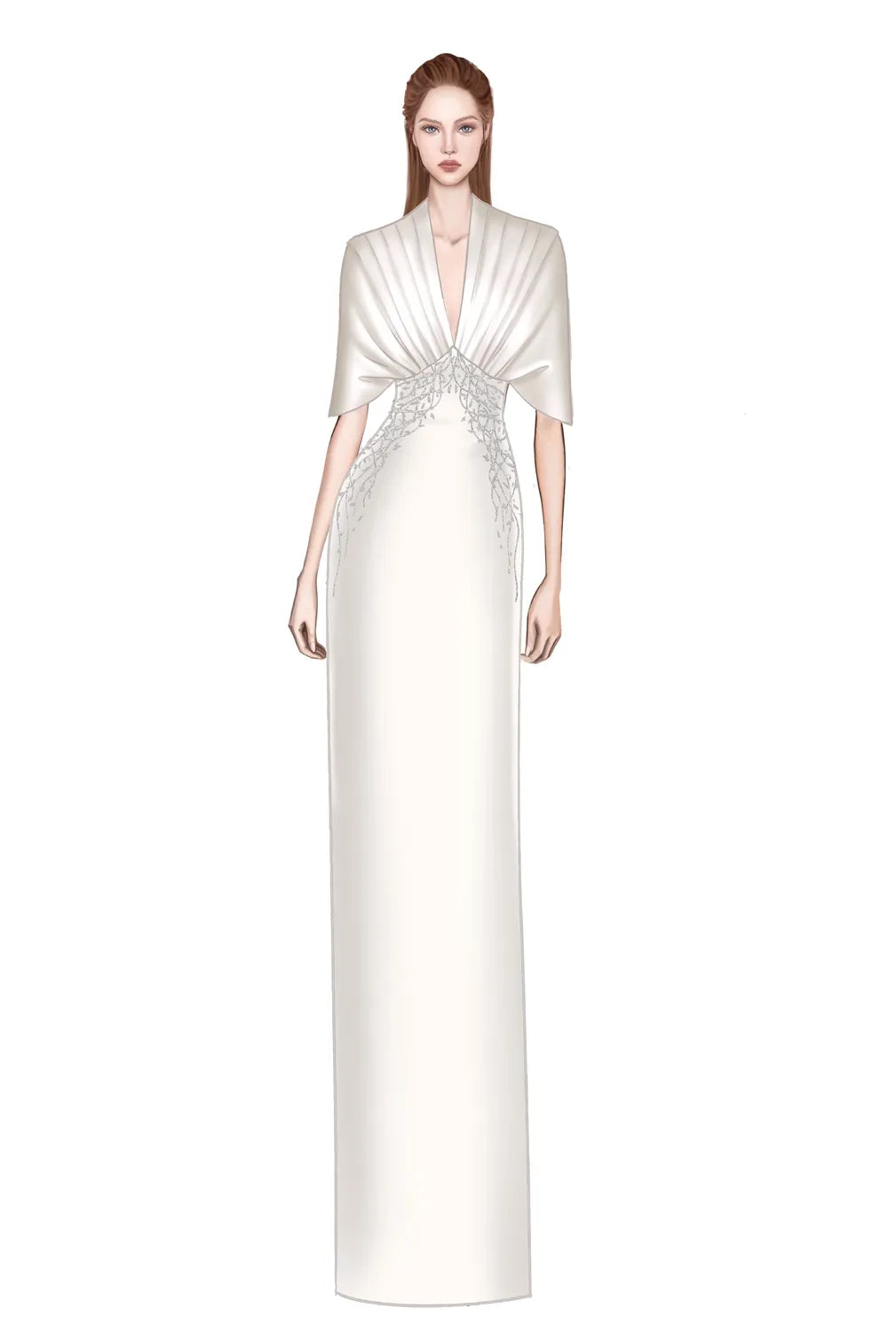 Deep V-Neck Short Cape Sleeves Dress - TRACY COUTURE