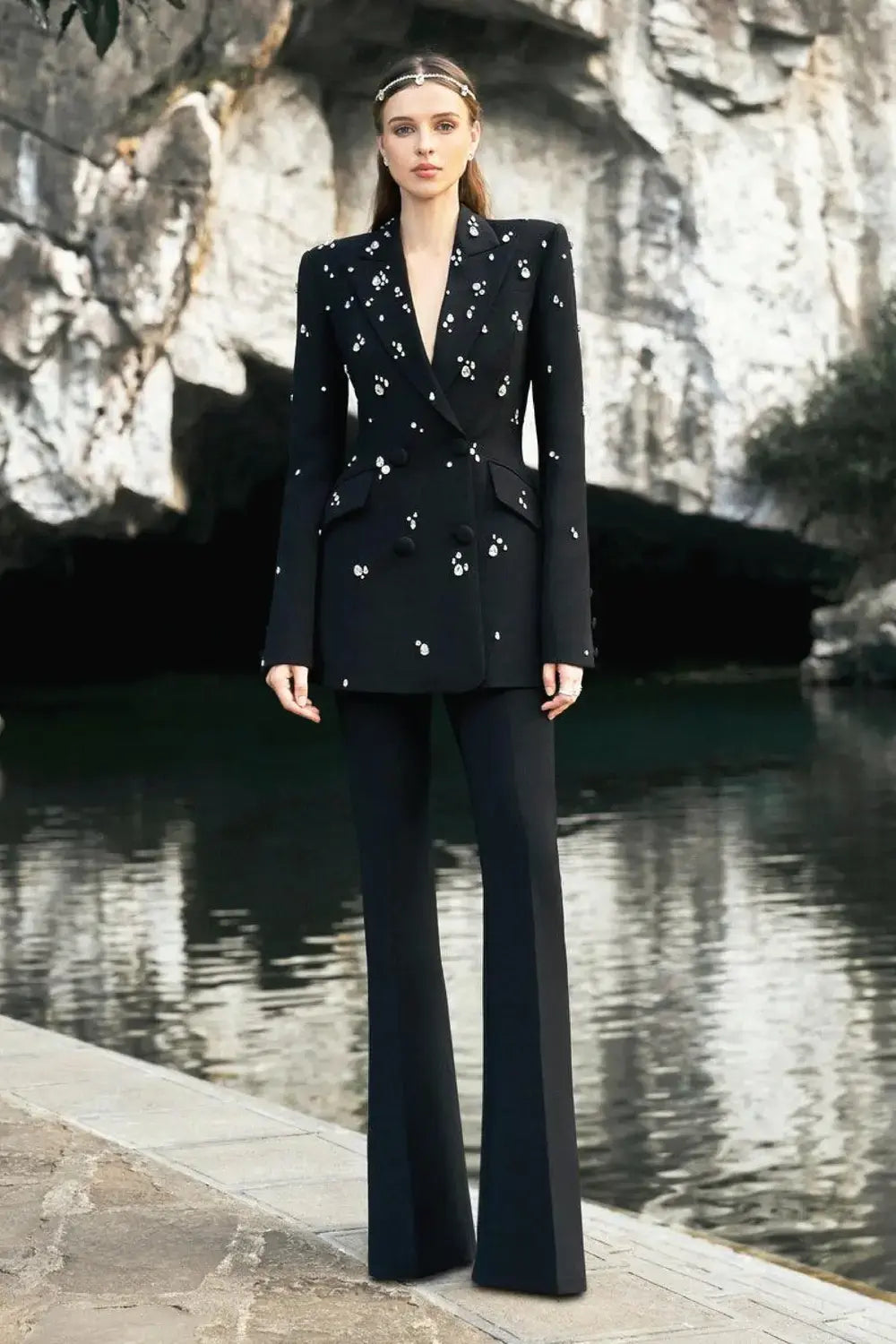 Stone Embellishments Blazer With Straight Trousers Set - TRACY COUTURE