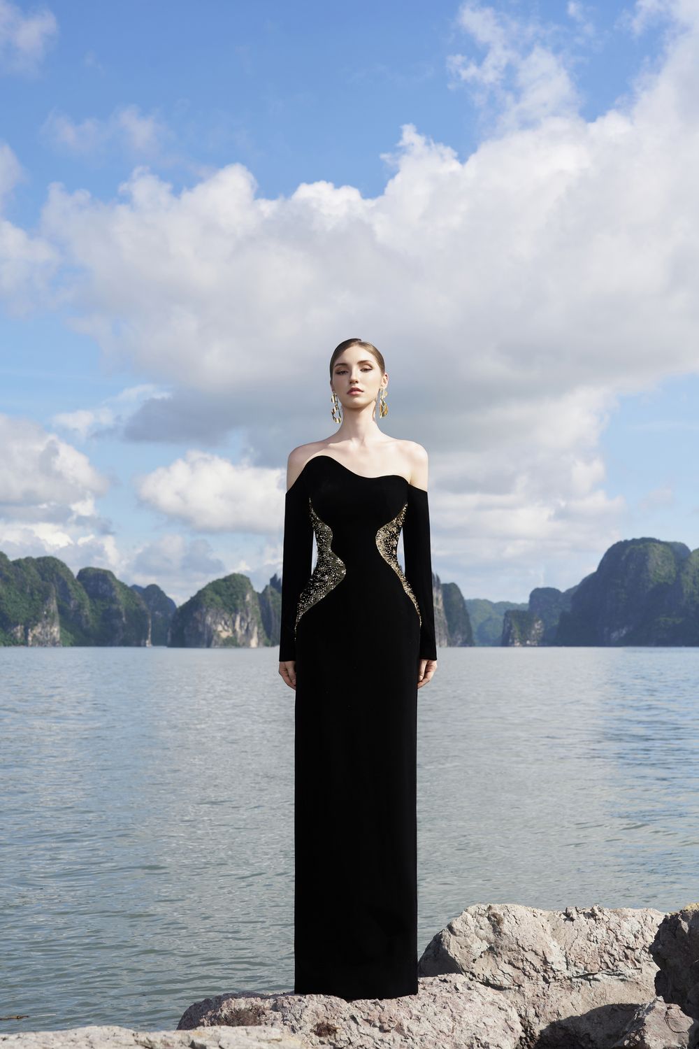 Wavy Off Shoulder Floor Length Dress