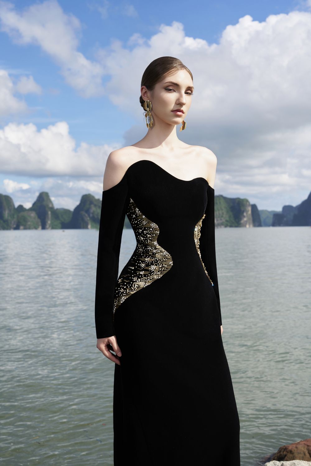 Wavy Off Shoulder Floor Length Dress