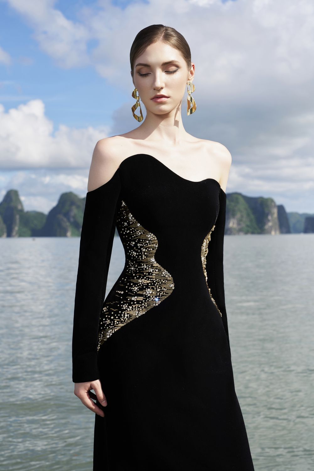 Wavy Off Shoulder Floor Length Dress