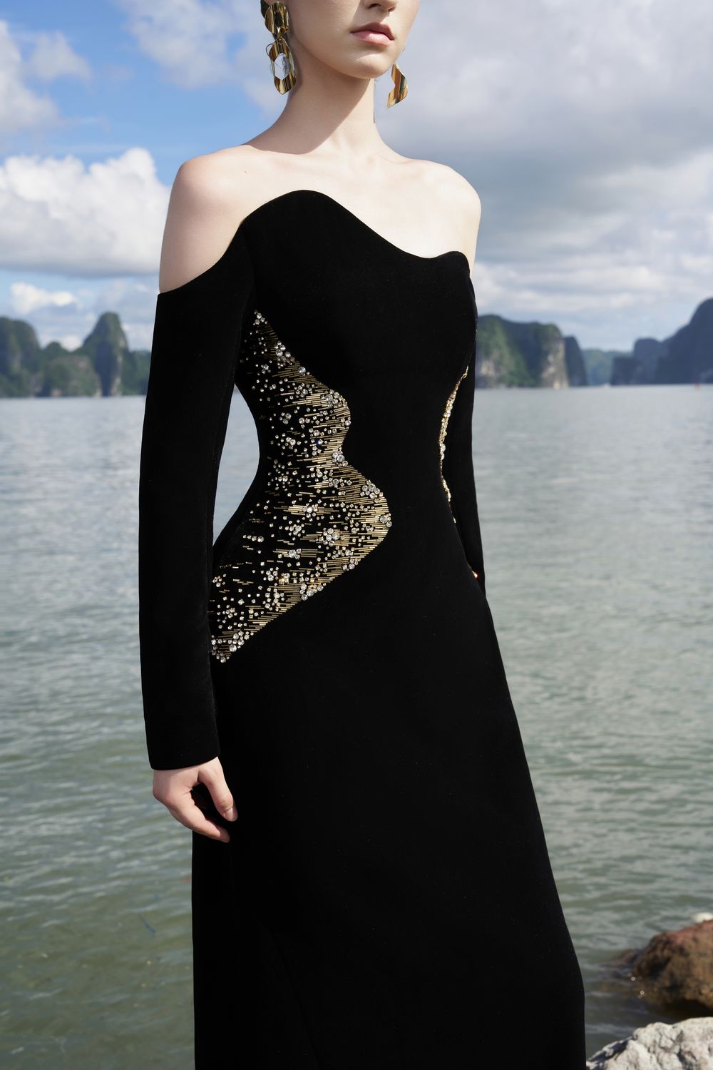 Wavy Off Shoulder Floor Length Dress