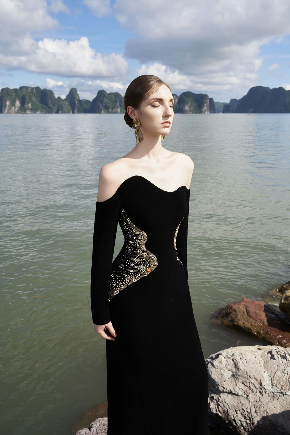 Wavy Off Shoulder Floor Length Dress