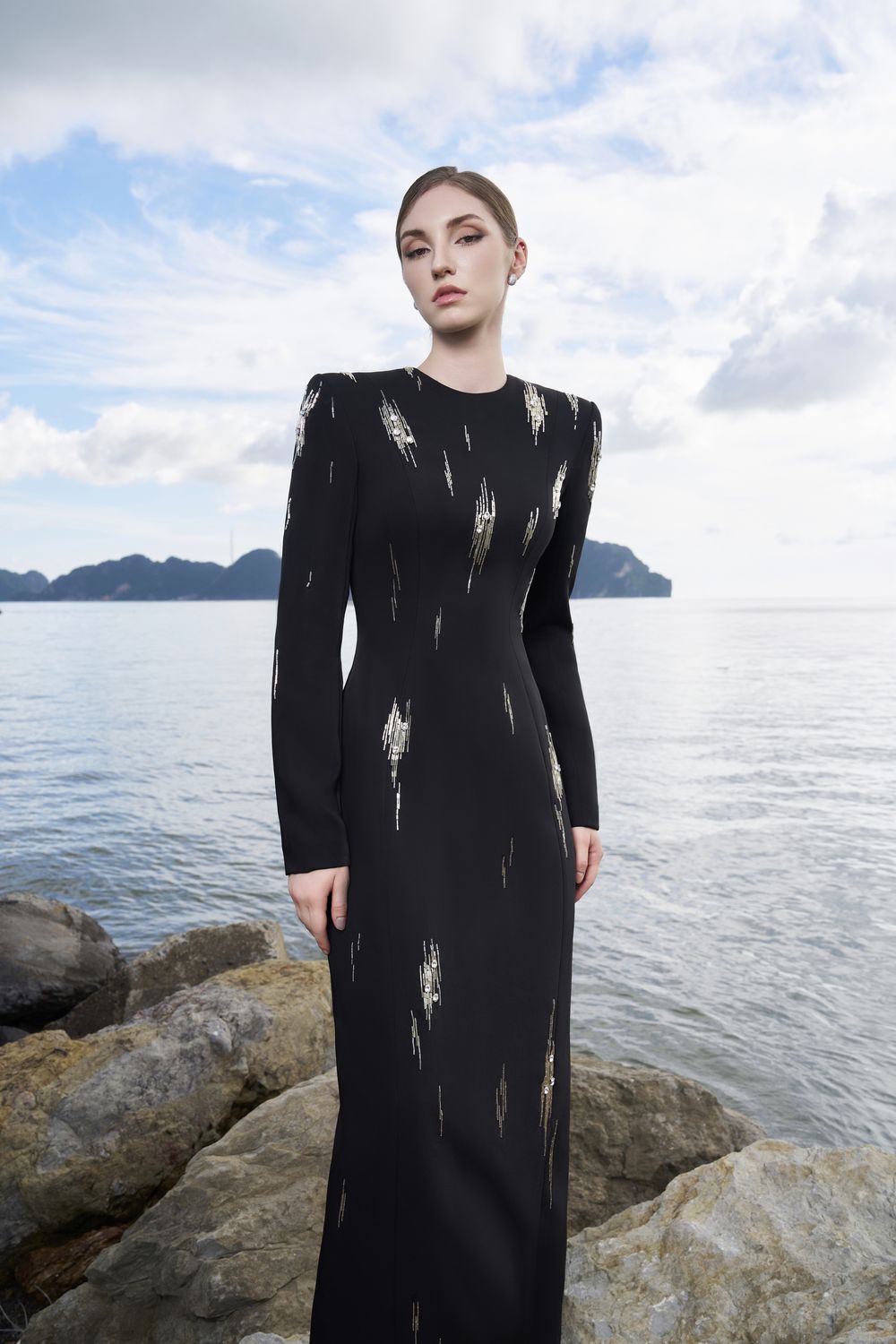 Rainfall Bead Embellished Long Sleeves Dress