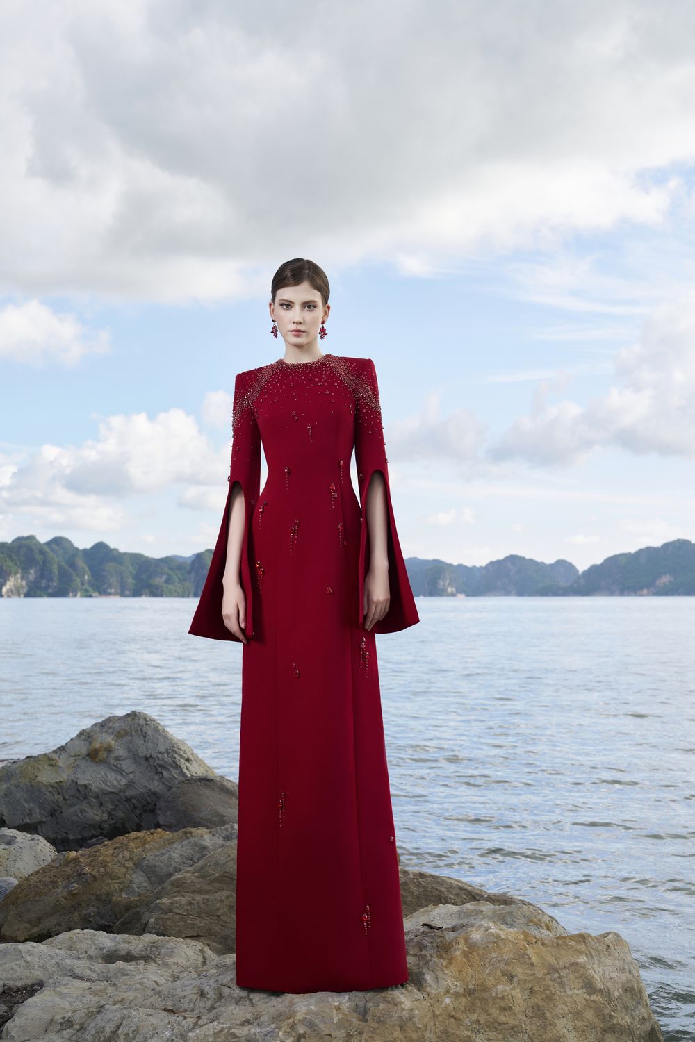 Flared Sleeves Crystal Embellished Dress