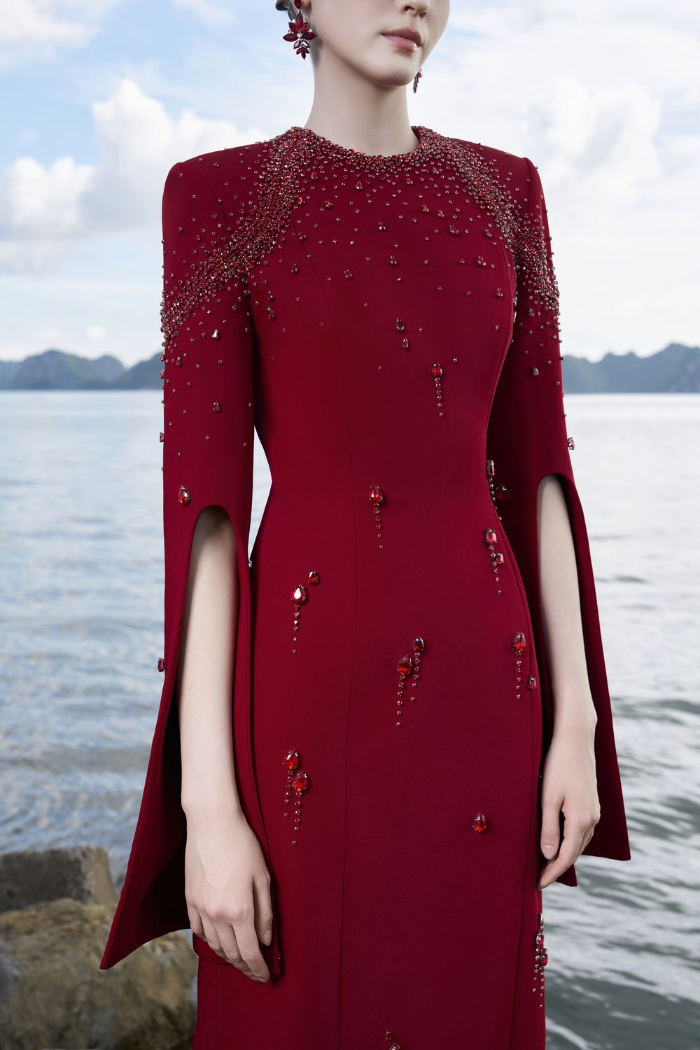 Flared Sleeves Crystal Embellished Dress