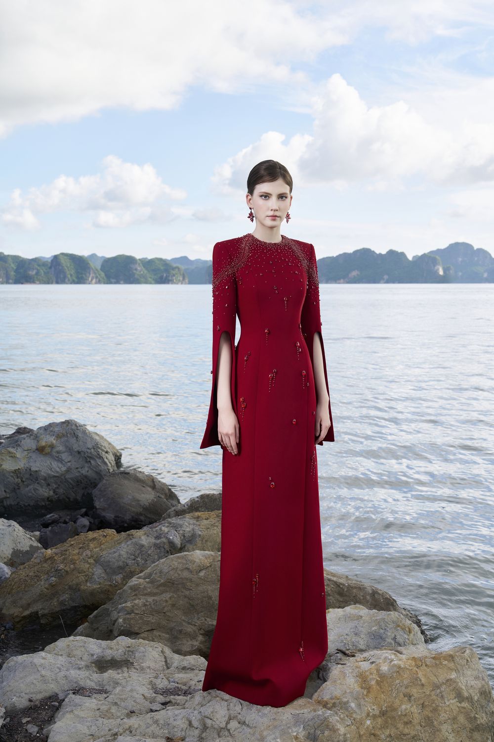 Flared Sleeves Crystal Embellished Dress