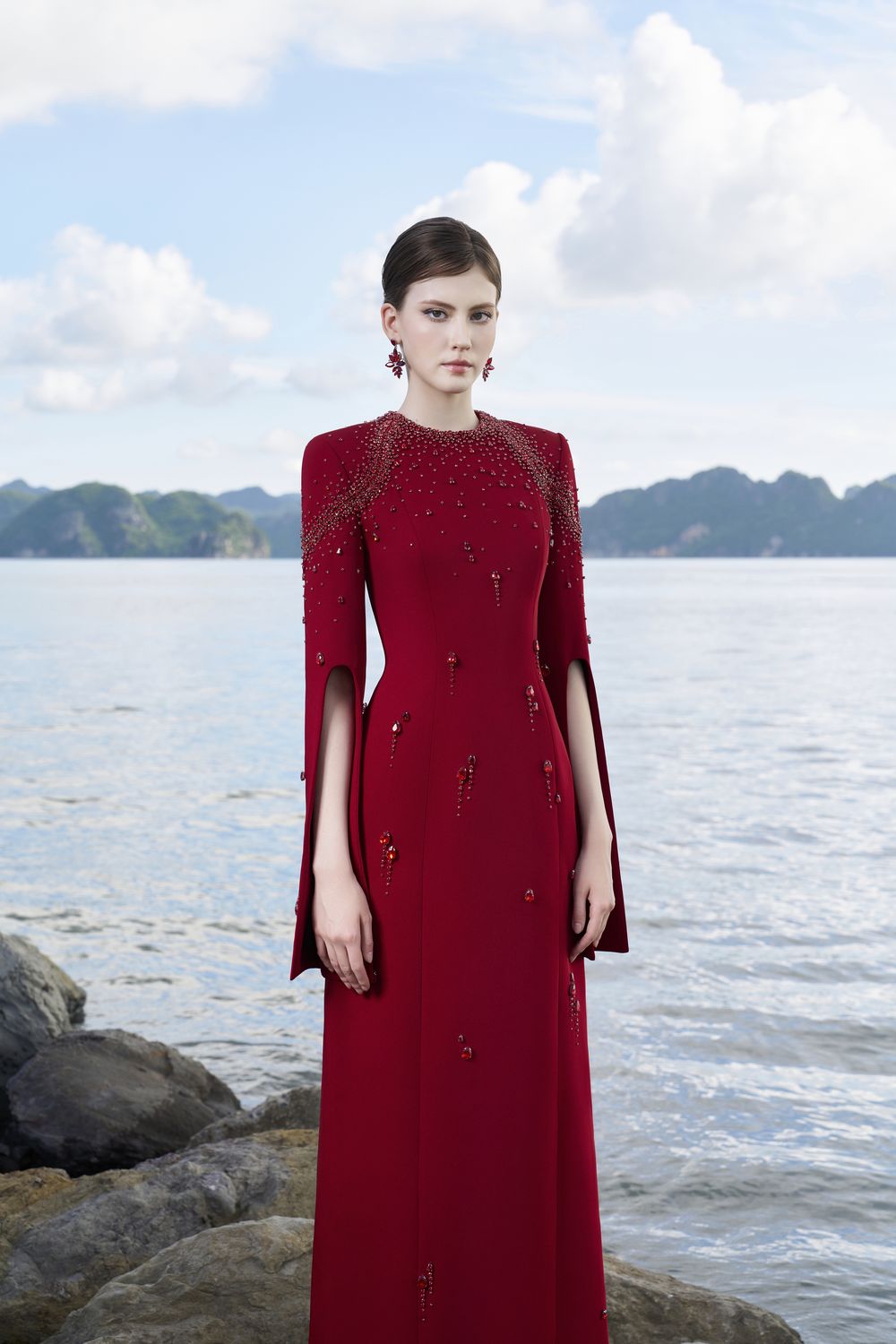 Flared Sleeves Crystal Embellished Dress