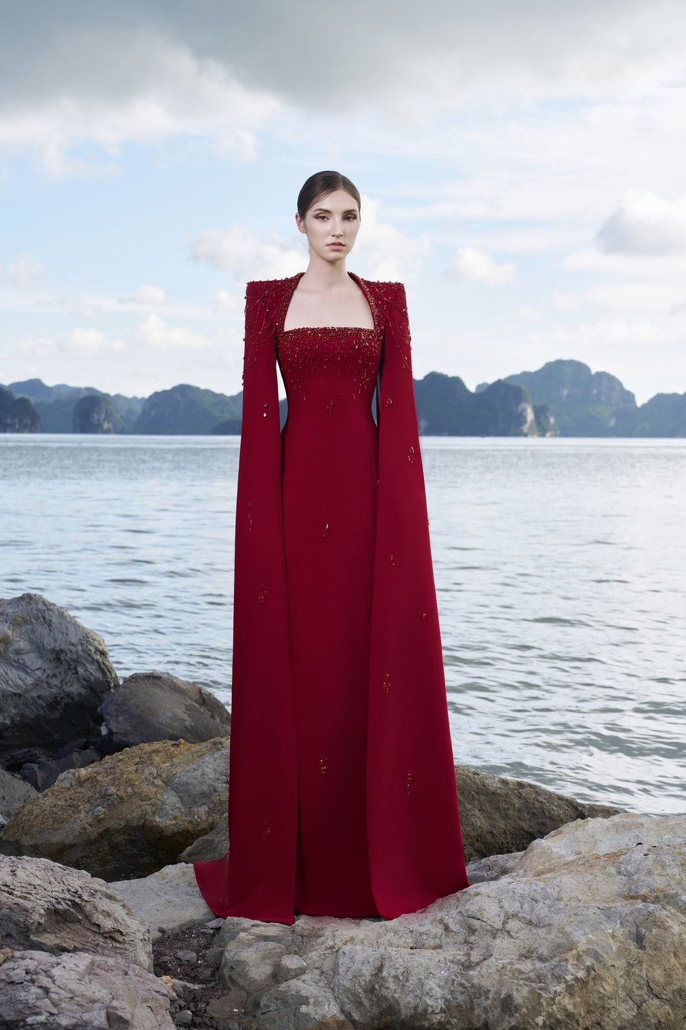 Long Cape Sleeves Floor Length Dress