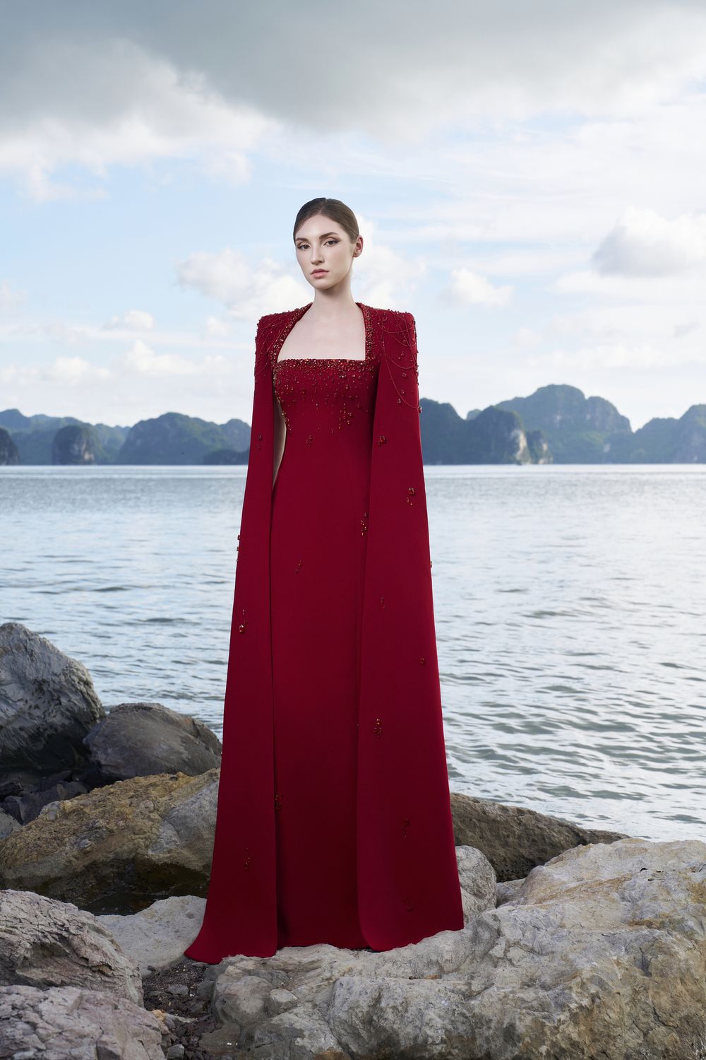 Long Cape Sleeves Floor Length Dress