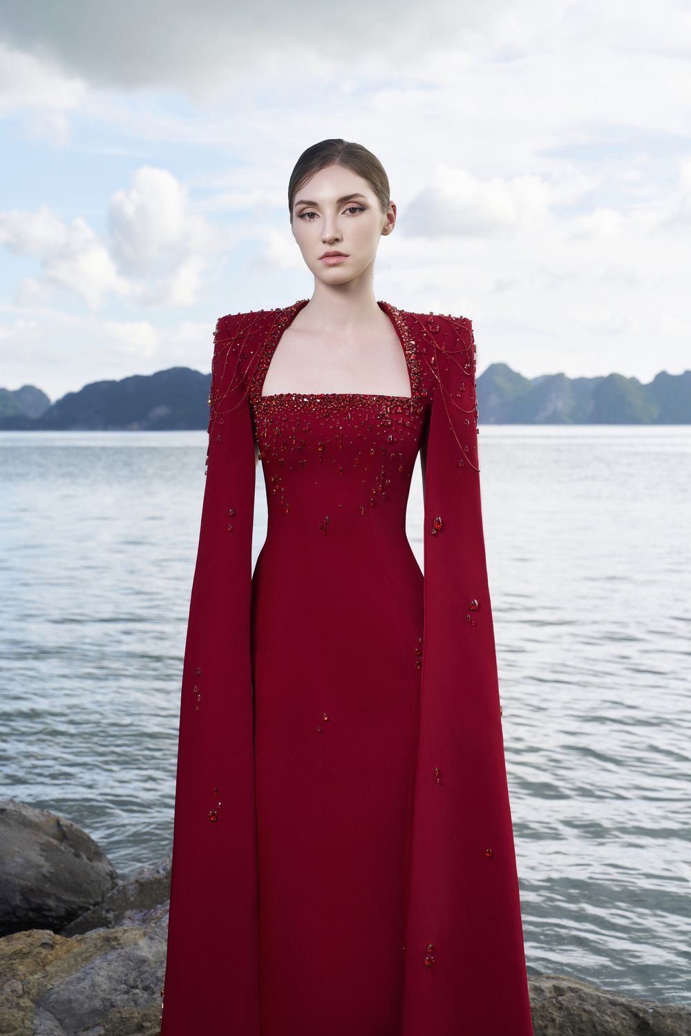 Long Cape Sleeves Floor Length Dress