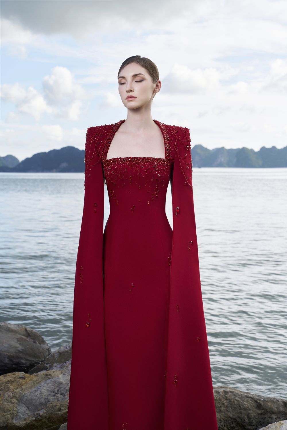 Long Cape Sleeves Floor Length Dress