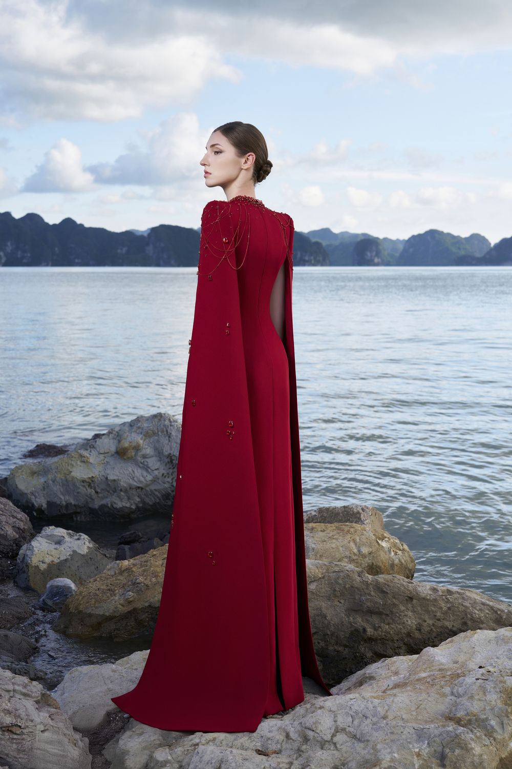 Long Cape Sleeves Floor Length Dress