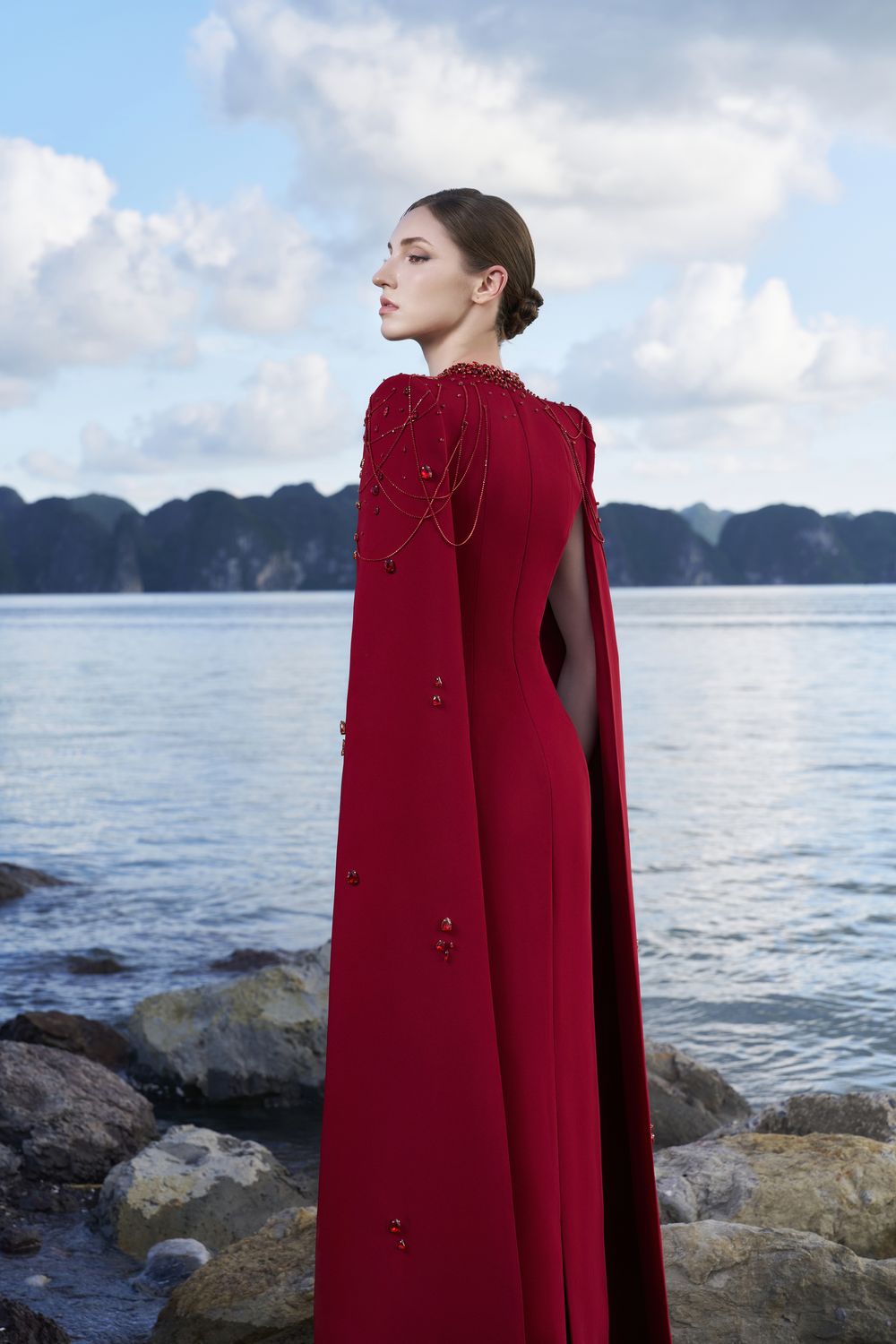 Long Cape Sleeves Floor Length Dress