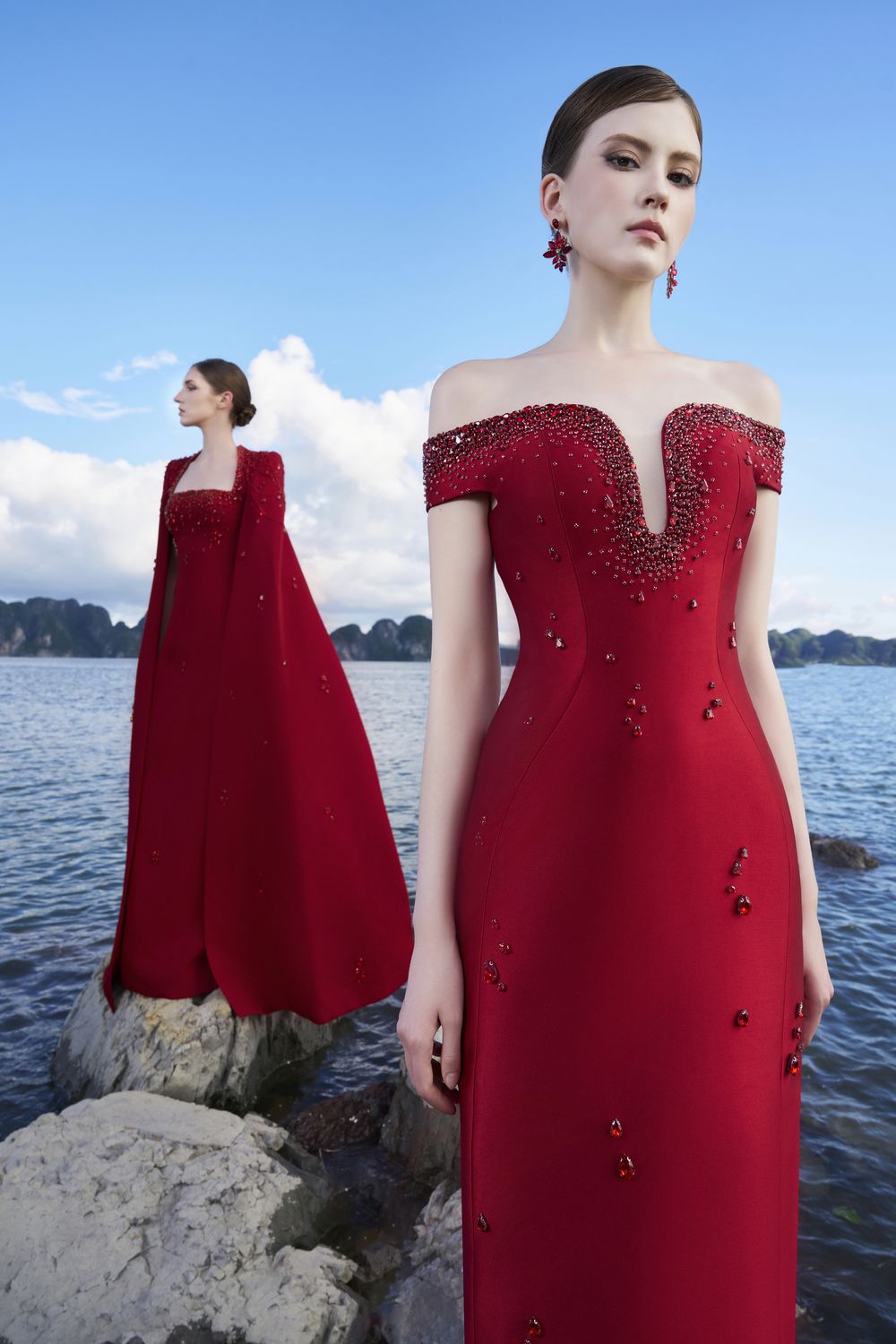 Long Cape Sleeves Floor Length Dress