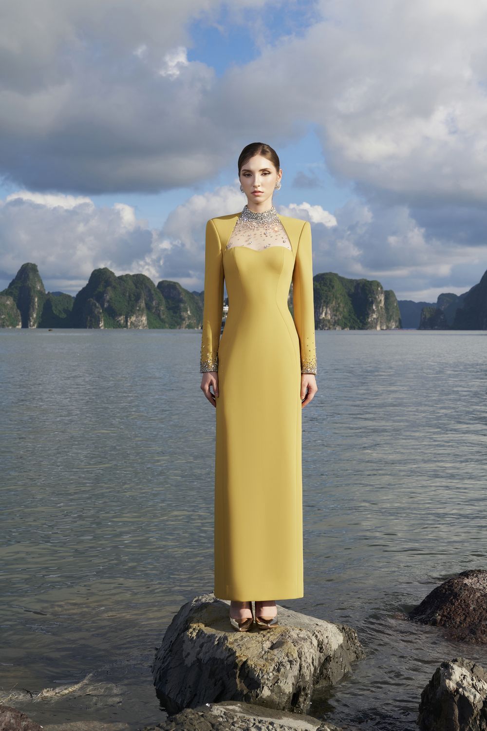 Crystal Embellished High Neck Dress