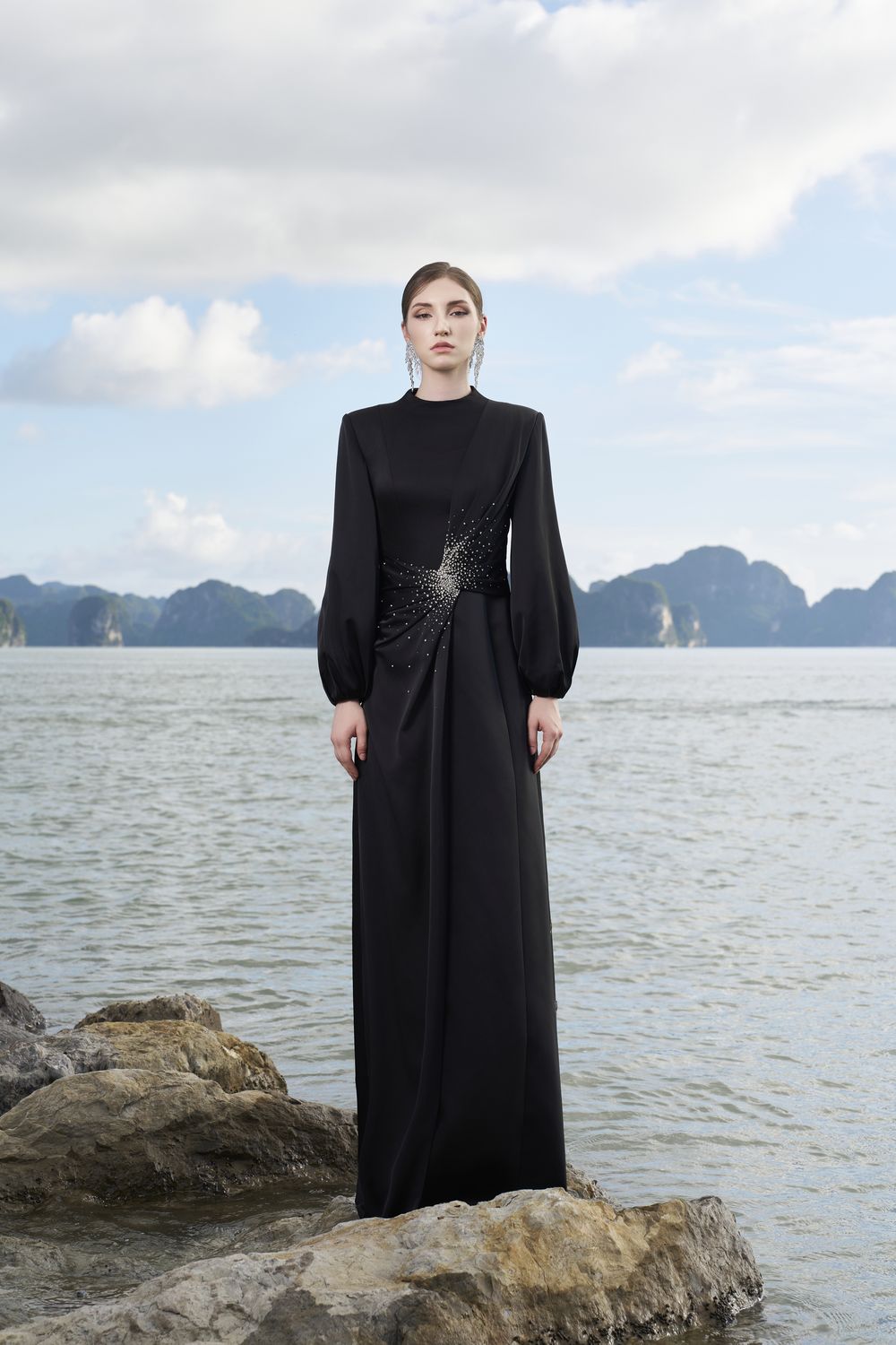 Long Puffy Sleeves Diagonal Gathered Dress