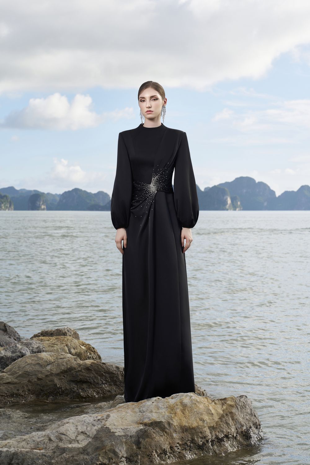 Long Puffy Sleeves Diagonal Gathered Dress