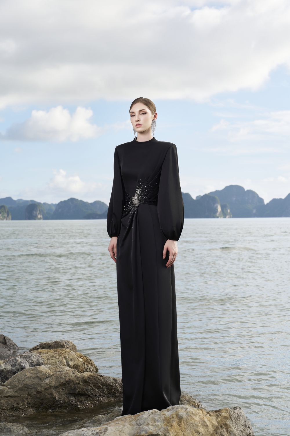 Long Puffy Sleeves Diagonal Gathered Dress