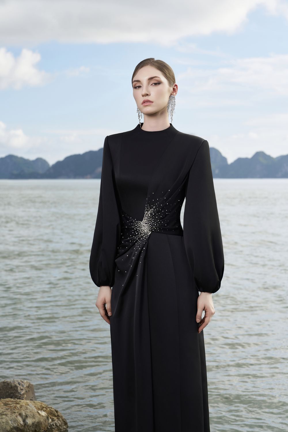 Long Puffy Sleeves Diagonal Gathered Dress