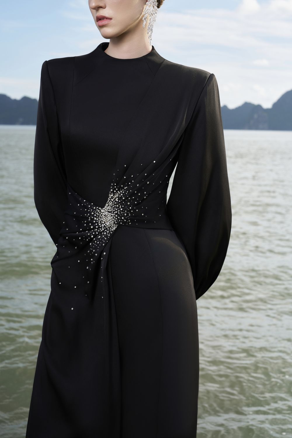 Long Puffy Sleeves Diagonal Gathered Dress