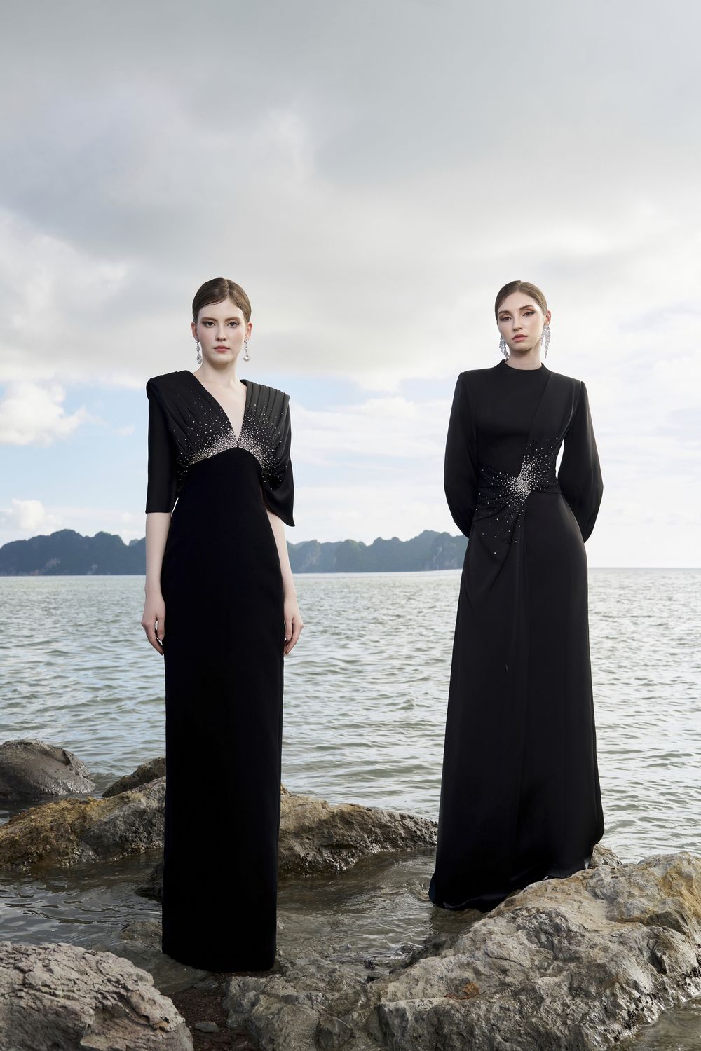 Long Puffy Sleeves Diagonal Gathered Dress