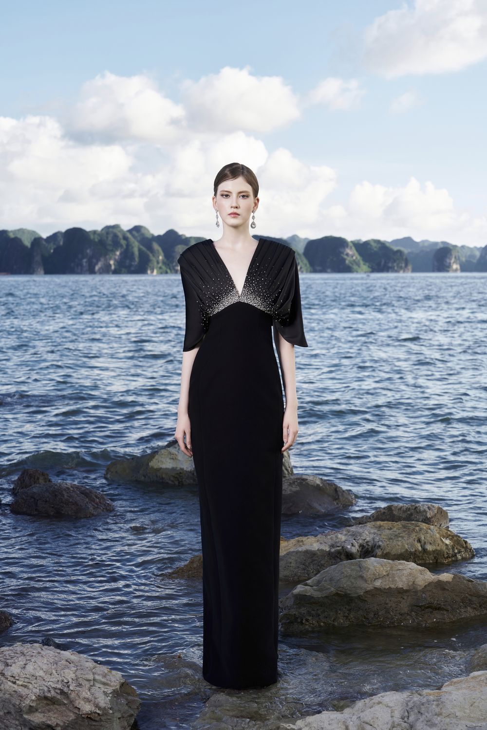 Flared Sleeves Deep V-Neck Dress