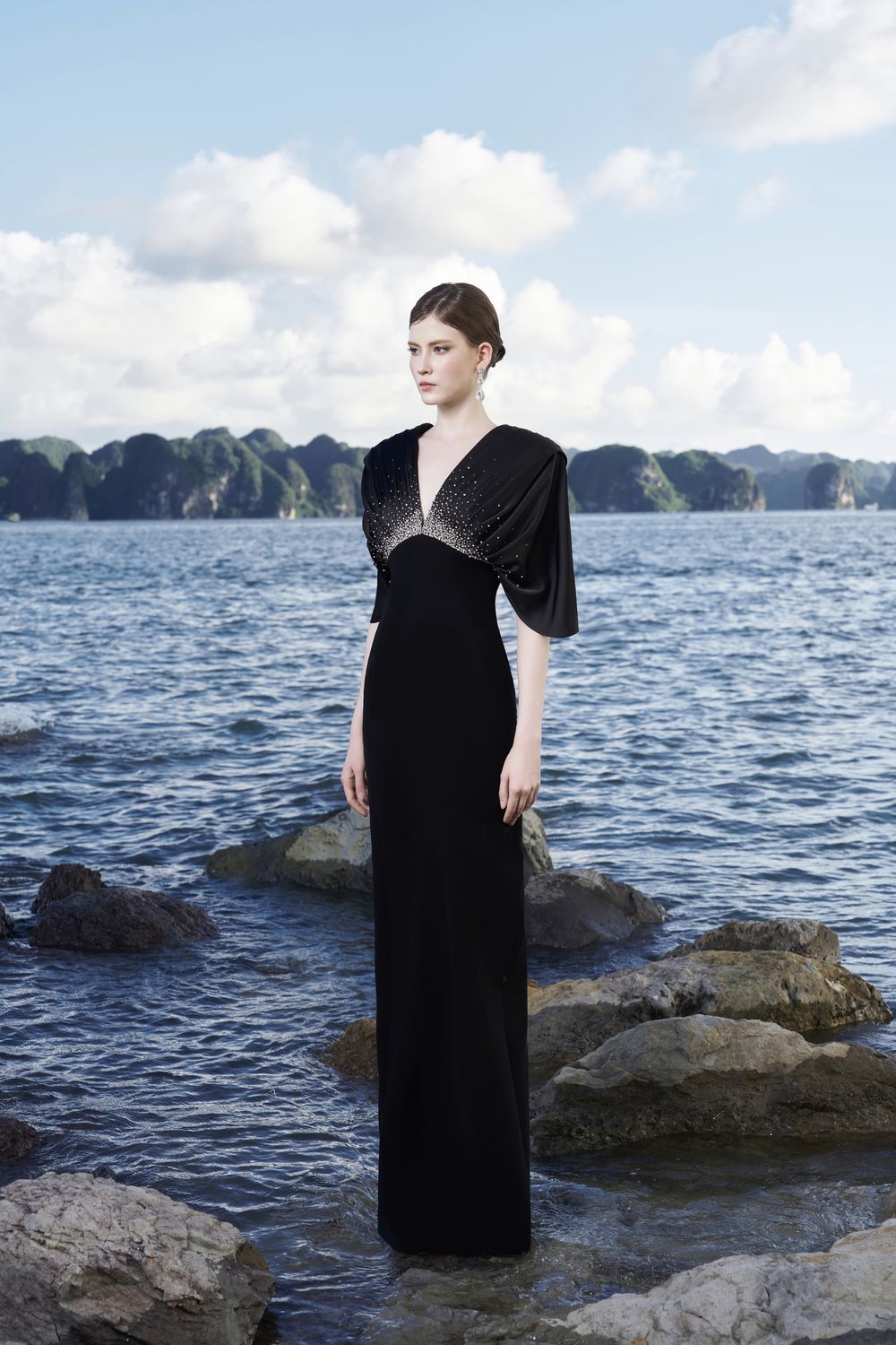 Flared Sleeves Deep V-Neck Dress