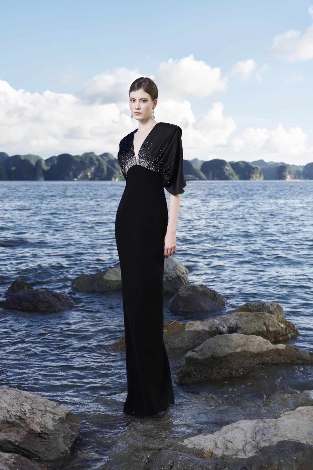 Flared Sleeves Deep V-Neck Dress